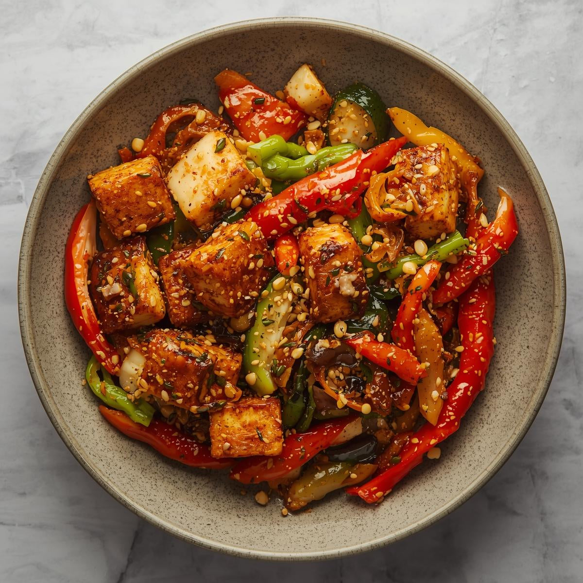 Wok de verduras con tofu marinado miel y jengibre