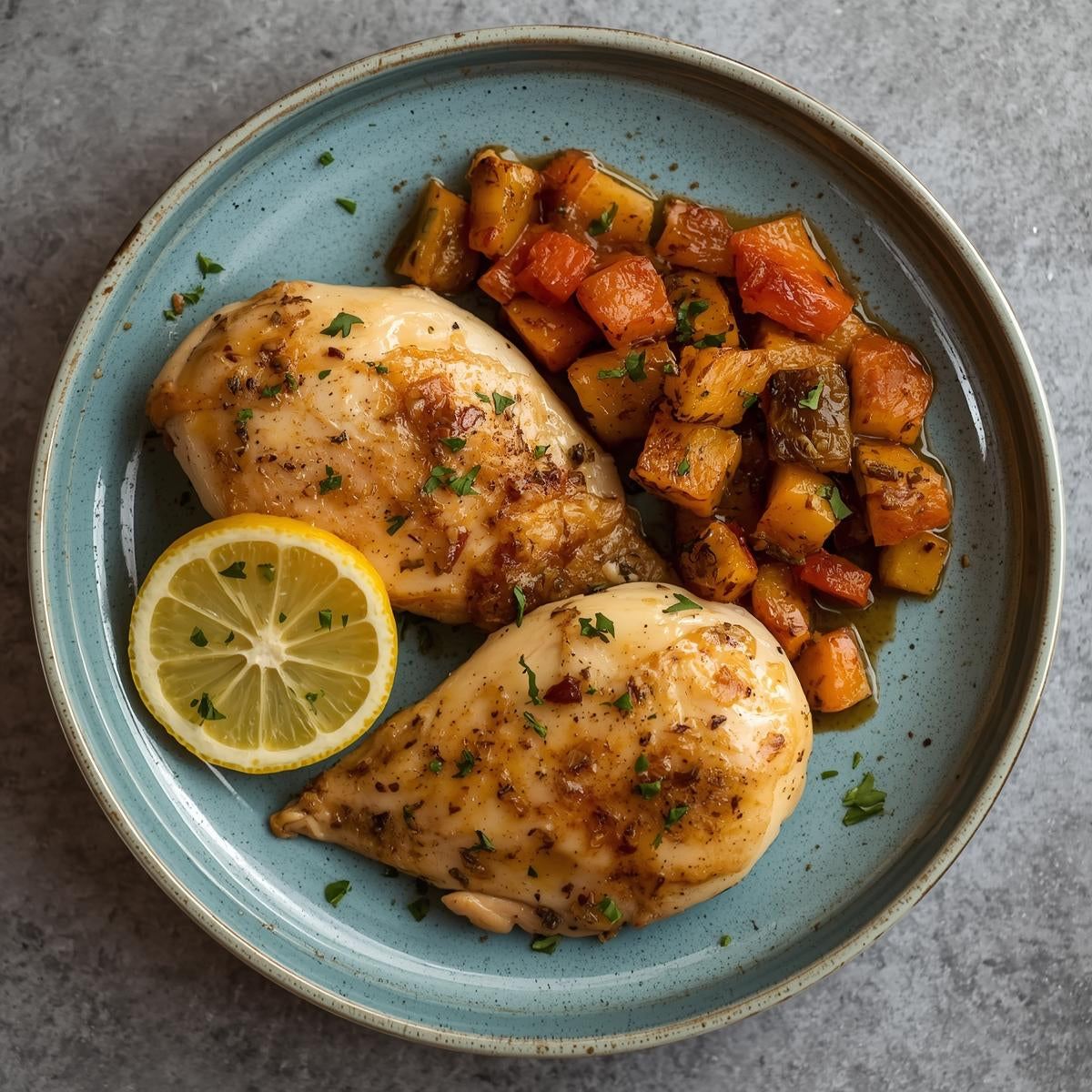 Muslitos de pollo con limon y tomillo sobre estofado de verduras y calabaza al horno.