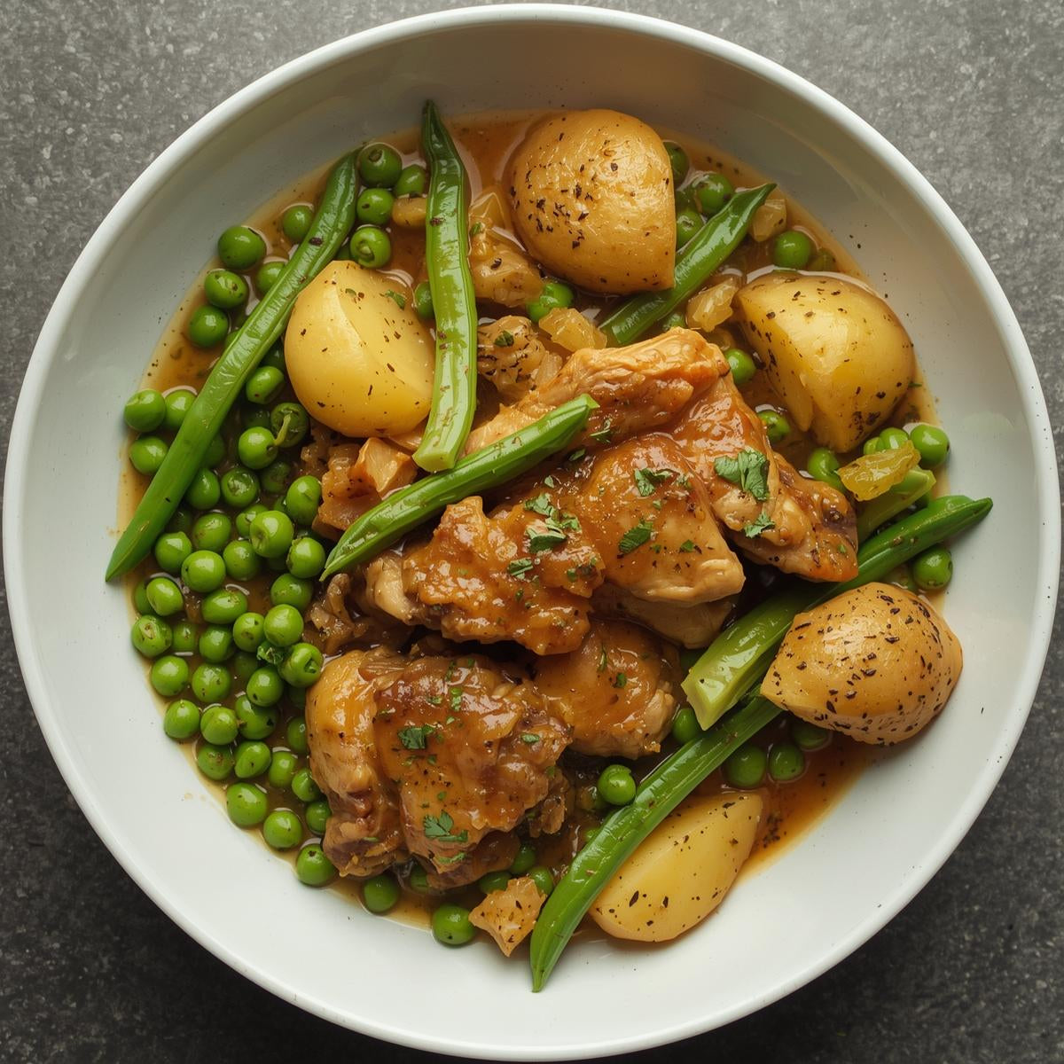 Poulet mijoté aux petits pois, haricots et pommes de terre