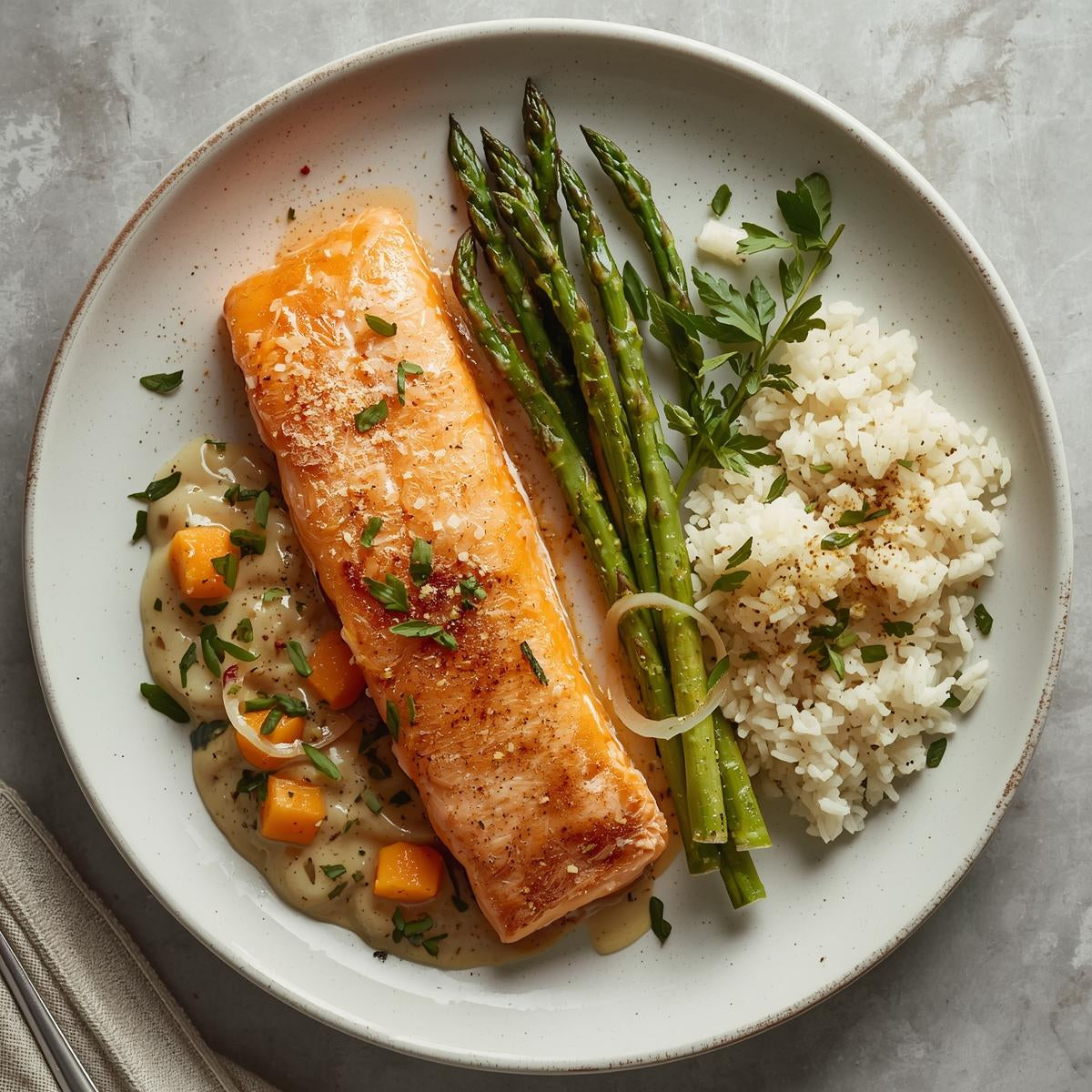 Salmón a la papillote con espárragos y arroz meloso
