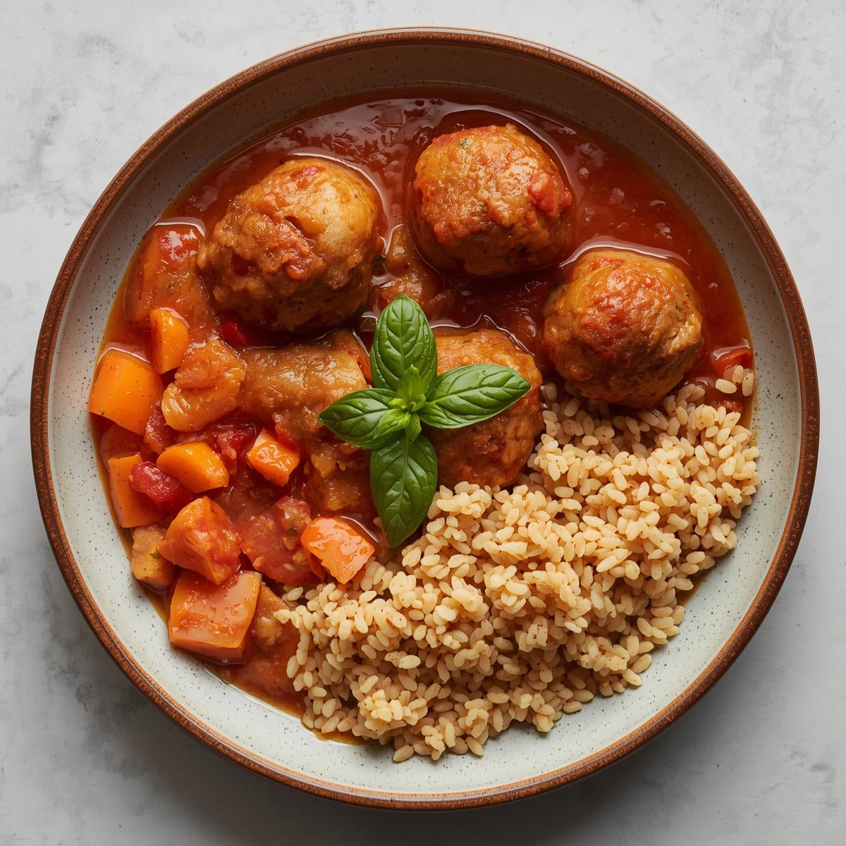 Albóndigas de tenera y cerdo en salsa de tomate, cous cous y zanahorias glaseadas