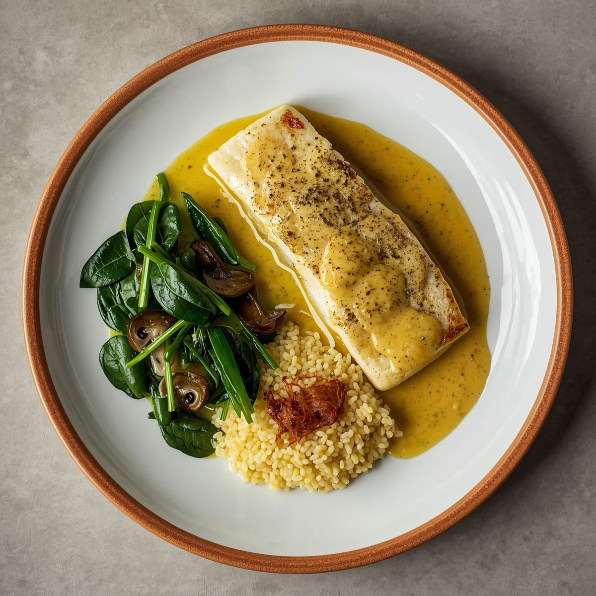Bacalao al pil pil con espinacas salteadas y champiñones confitados, con cous cous