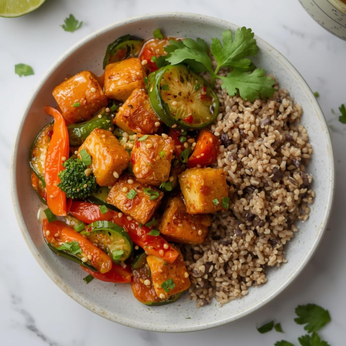Quinoa salad with vegetables and marinated tofu