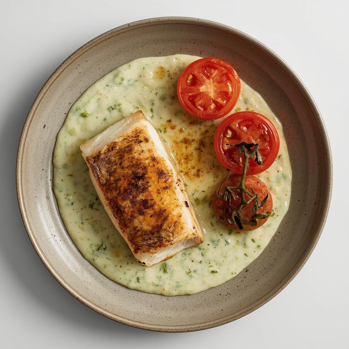 Crema de puerro y calabacin con merluza y tomates asados