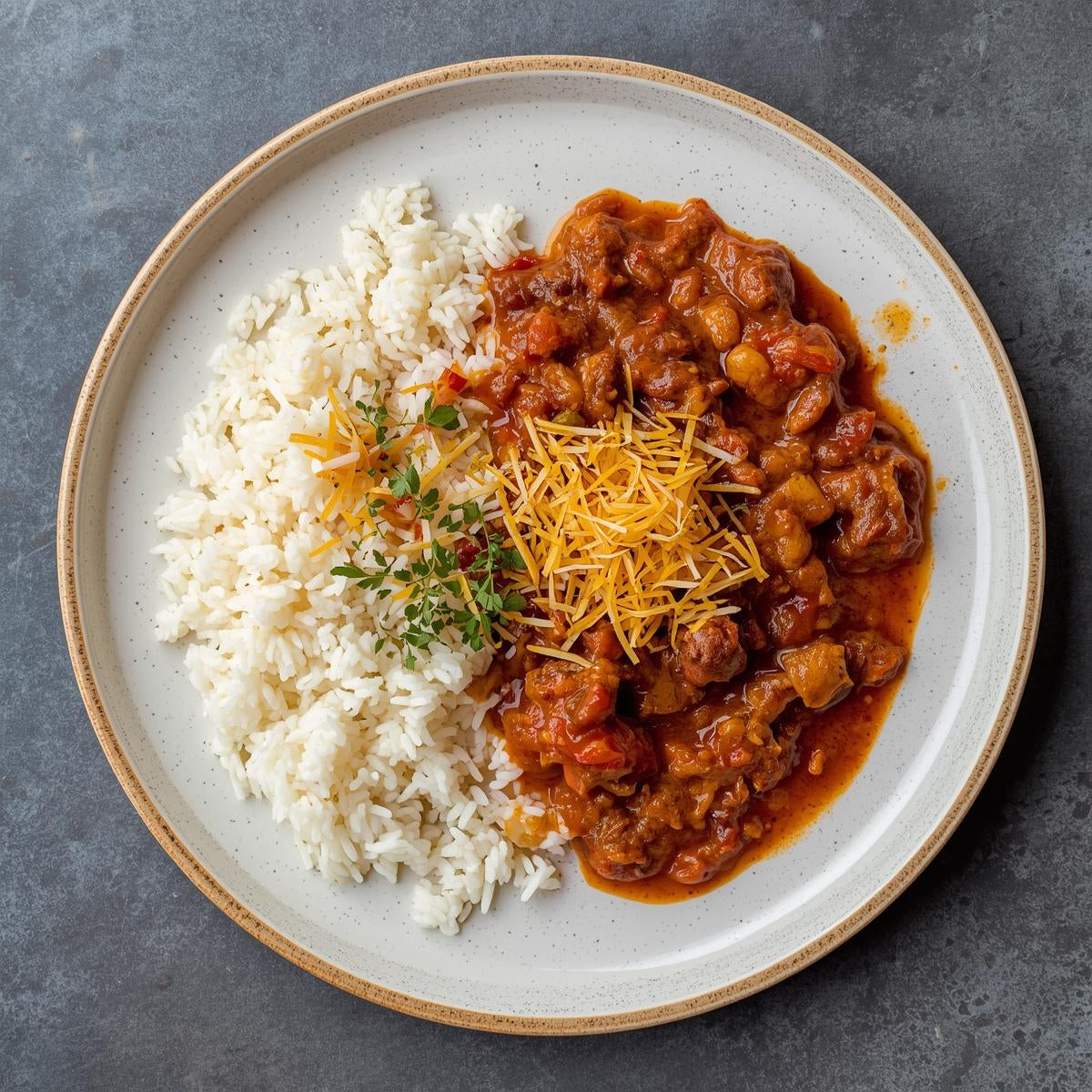 Chili con carne y arroz frito, con patatas al horno