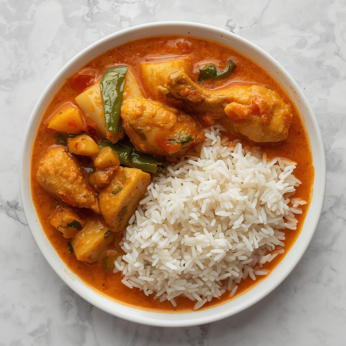 Pollo al curry rojo patata y arroz basmati