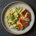 Risotto de carbassó amb aletes de pollastre a baixa temperatura