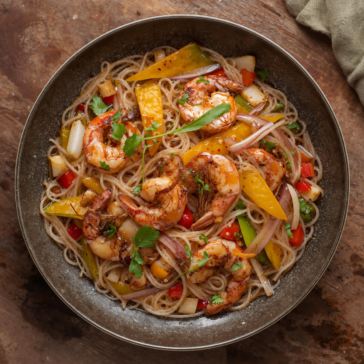 Wok de Gambas, Fideos de Arroz y Verduras