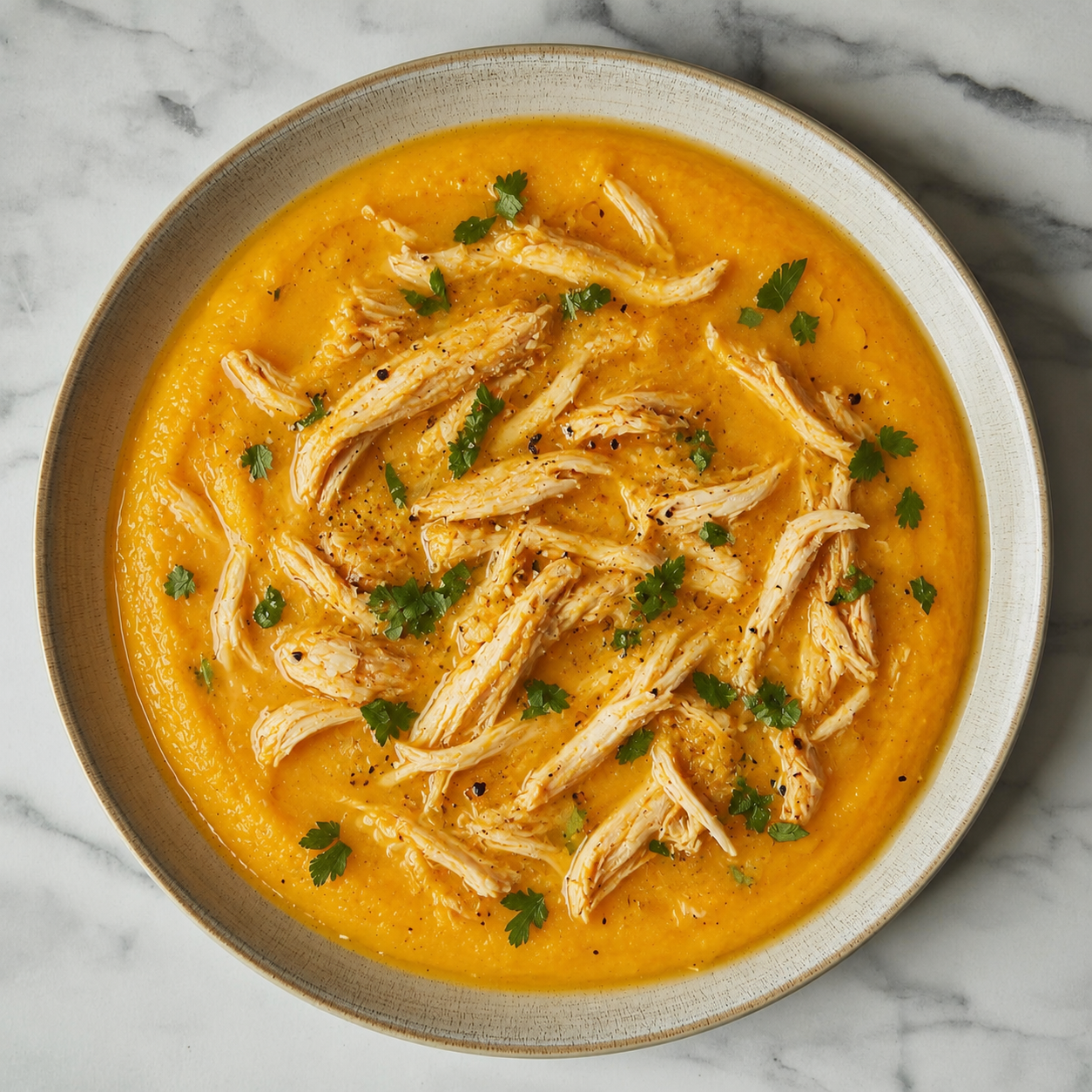 Crema de calabaza y jengibre con pechuga de pollo