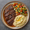 Desmechado de Entraña, Parmentier de Patata y Verduras al Horno