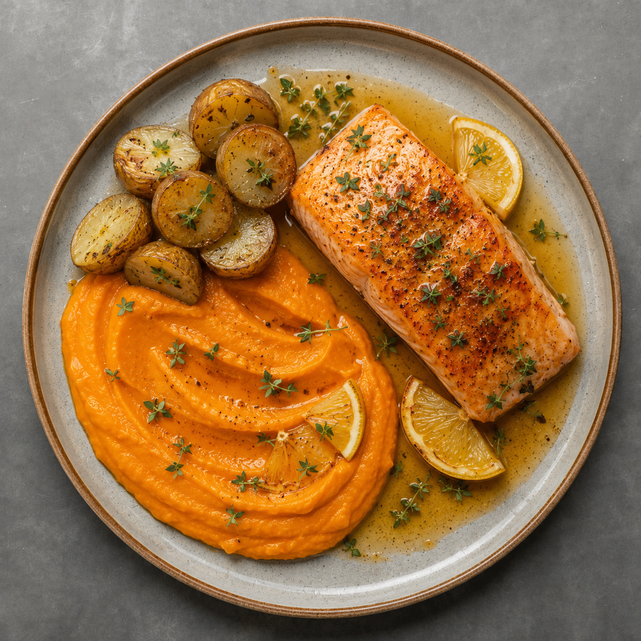 Salmó amb llimona i farigola amb crema de pastanaga i patates al forn