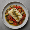 Bacalao a baja temperatura con escalivada y salsa de alcaparras