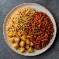 Chili con carne and fried rice, with baked potatoes