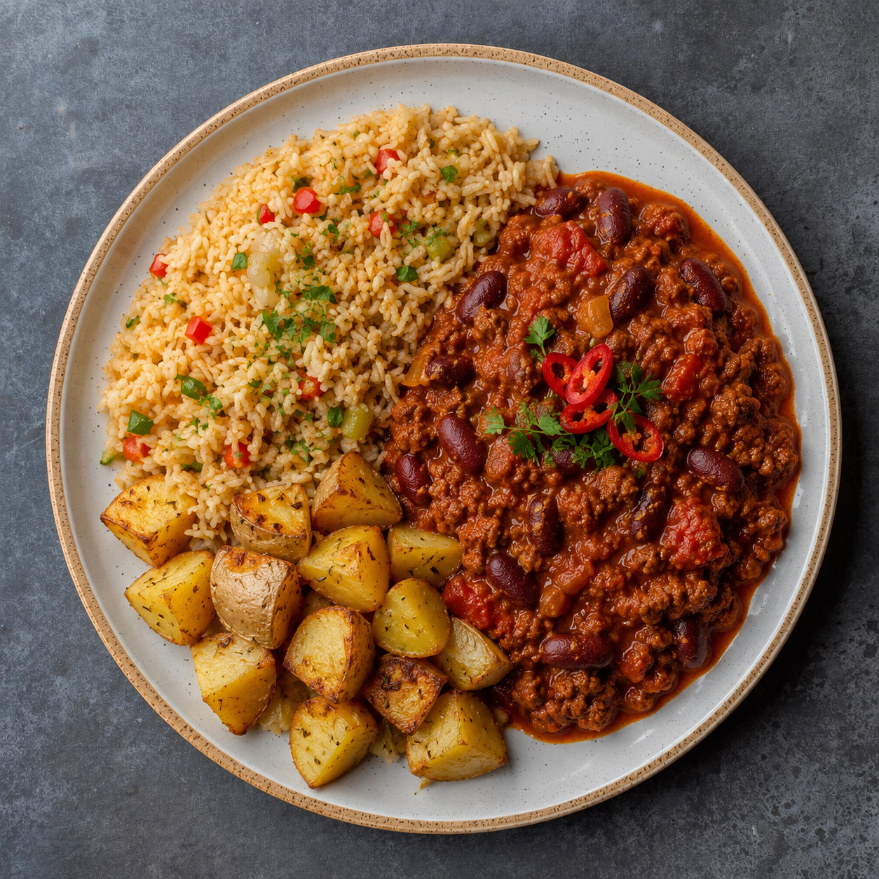 Chili con carne and fried rice, with baked potatoes