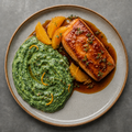 Salmon marinated with soy and orange with creamy spinach and asparagus