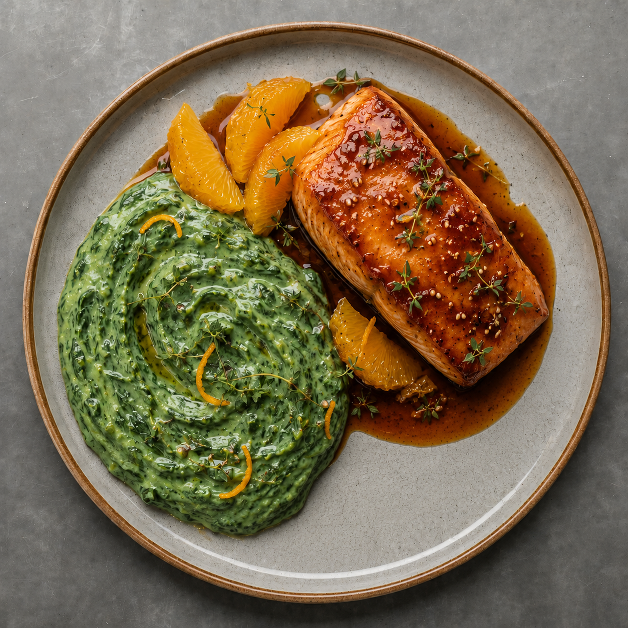 Salmon marinated with soy and orange with creamy spinach and asparagus