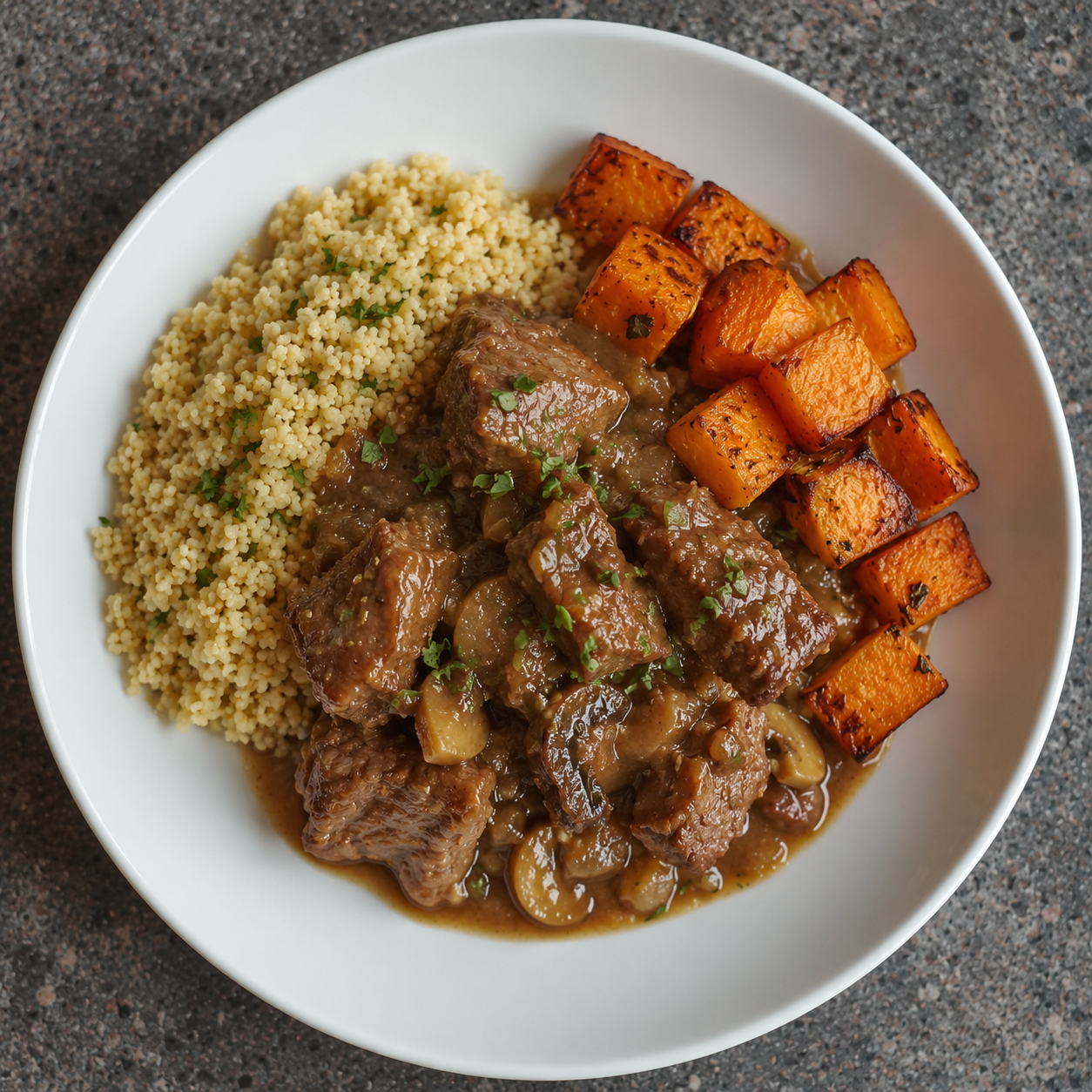 Fricandó de ternera, Boniatos al Horno y Cuscús