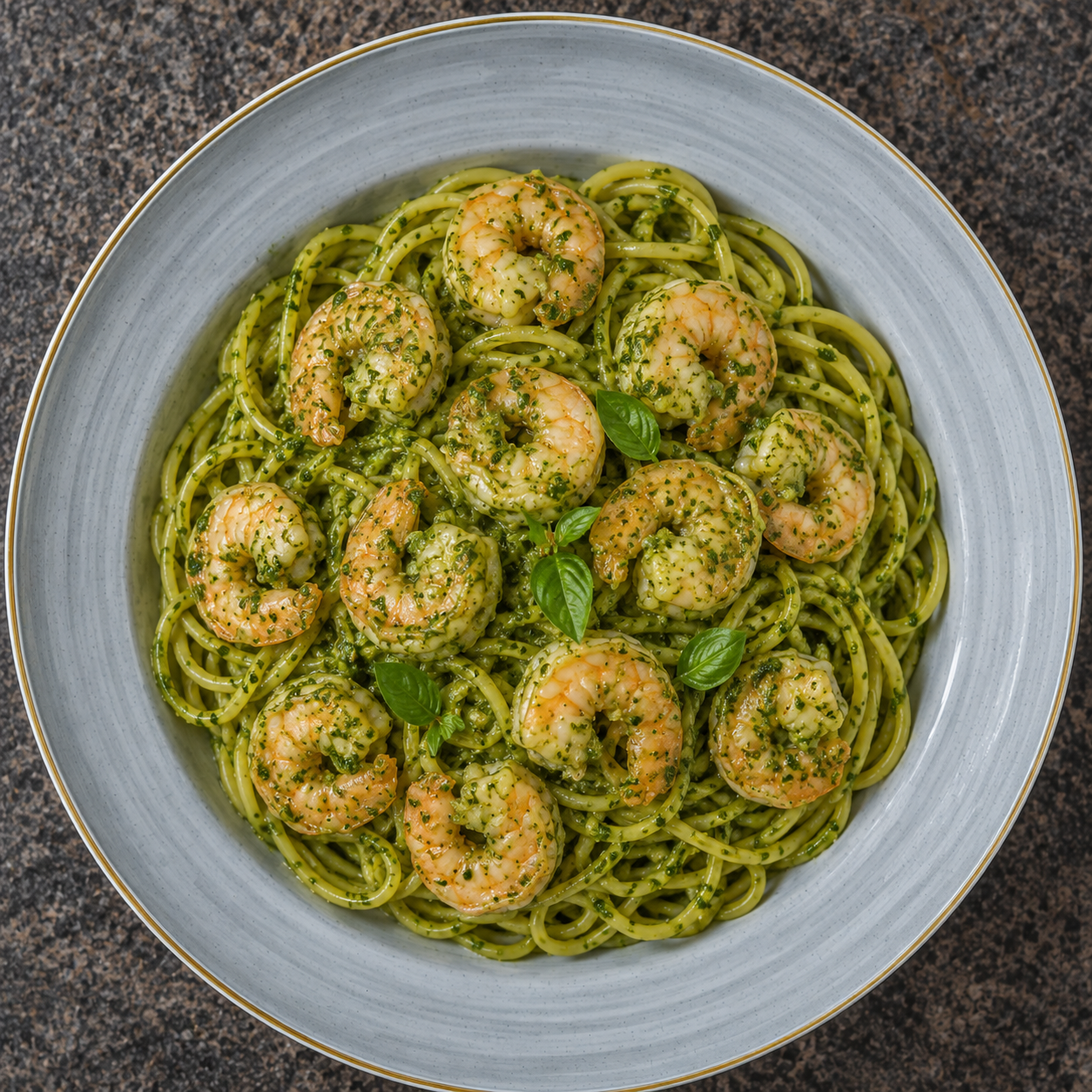 Spaghettis avec sauce aux crevettes et pesto frais