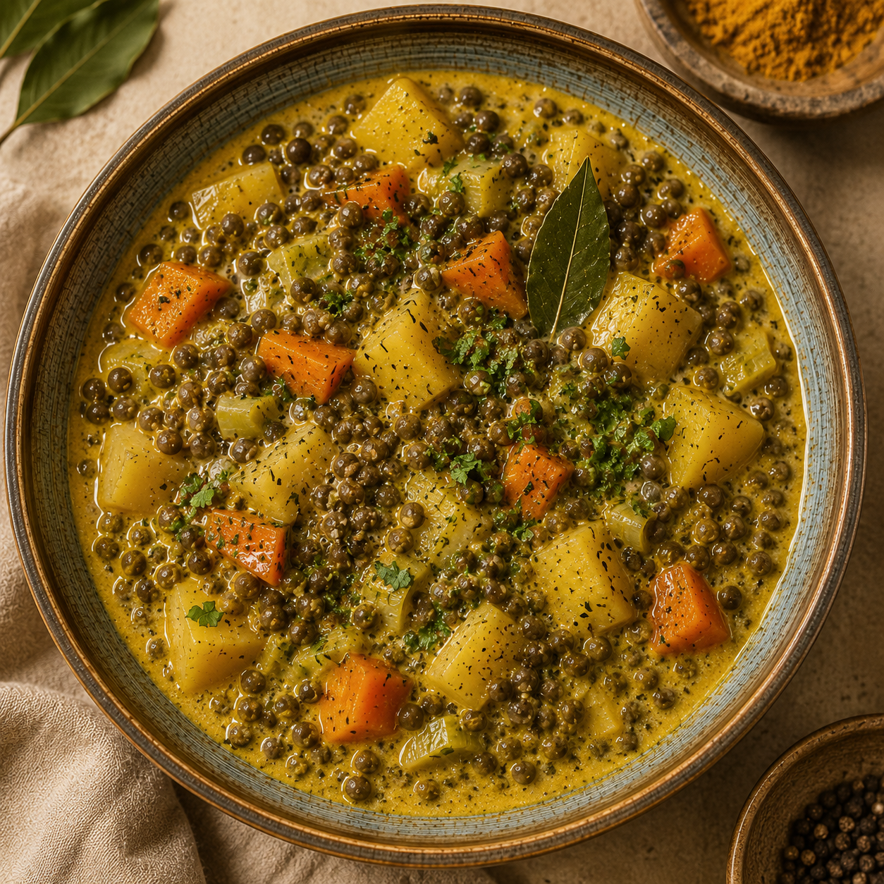 Lentilhas premium de caviar ao caril com legumes