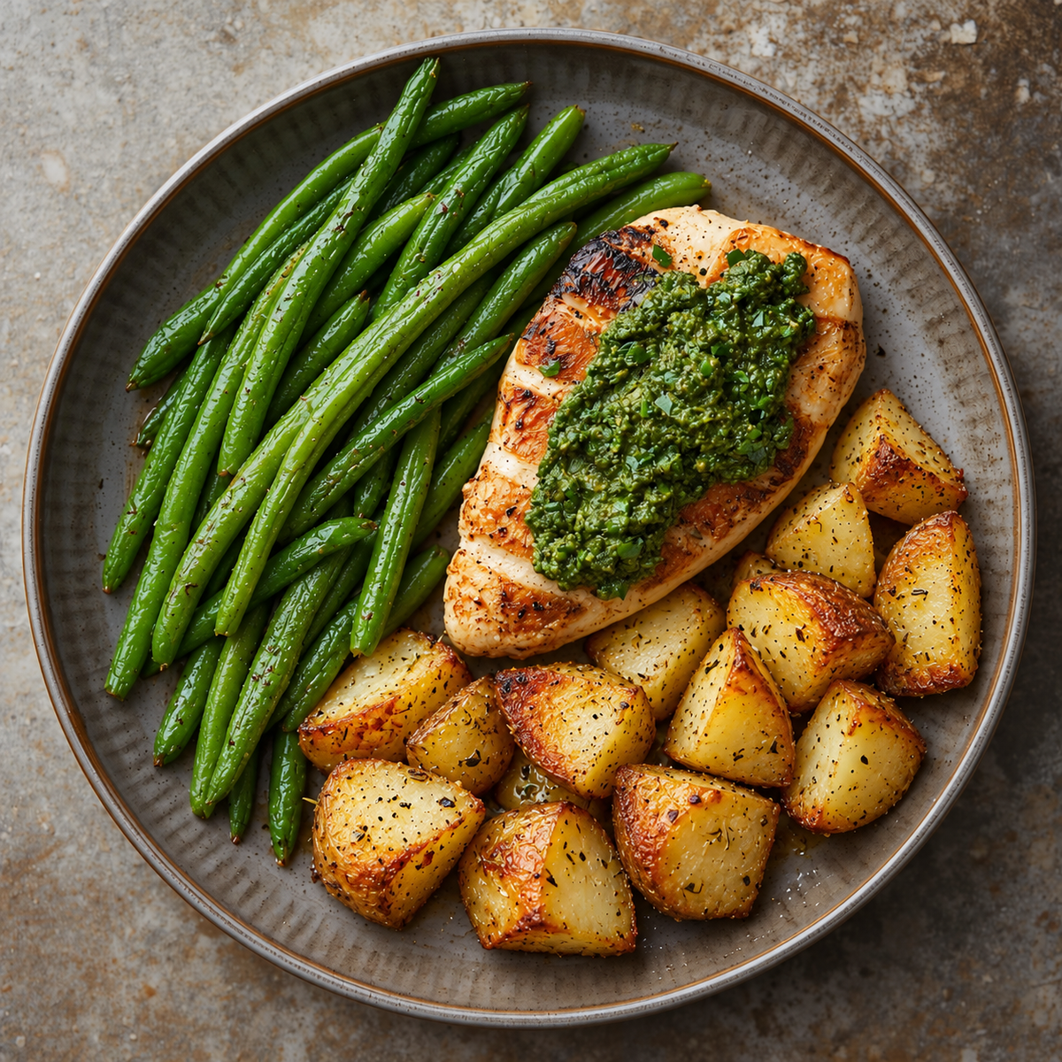 Pechuga de pollo al pesto con judías verdes y patata al horno
