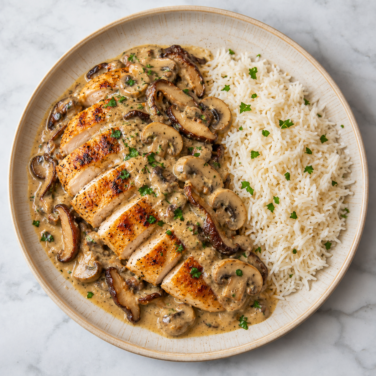 Peito de frango com creme de cogumelos e shiitake, com arroz basmati