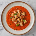 Cremoso de pimientos asados y tomate con dados de pollo
