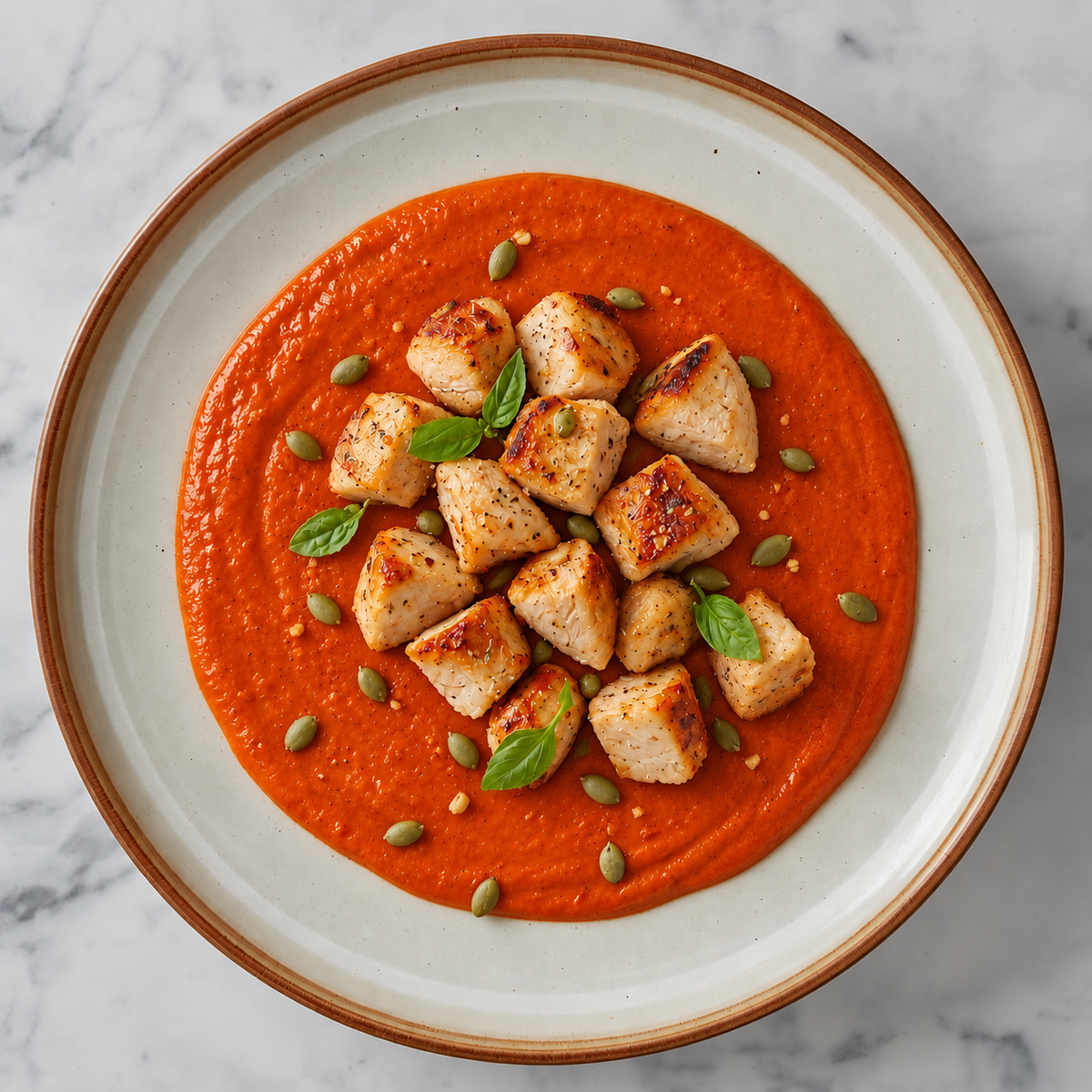 Cremoso de pimientos asados y tomate con dados de pollo
