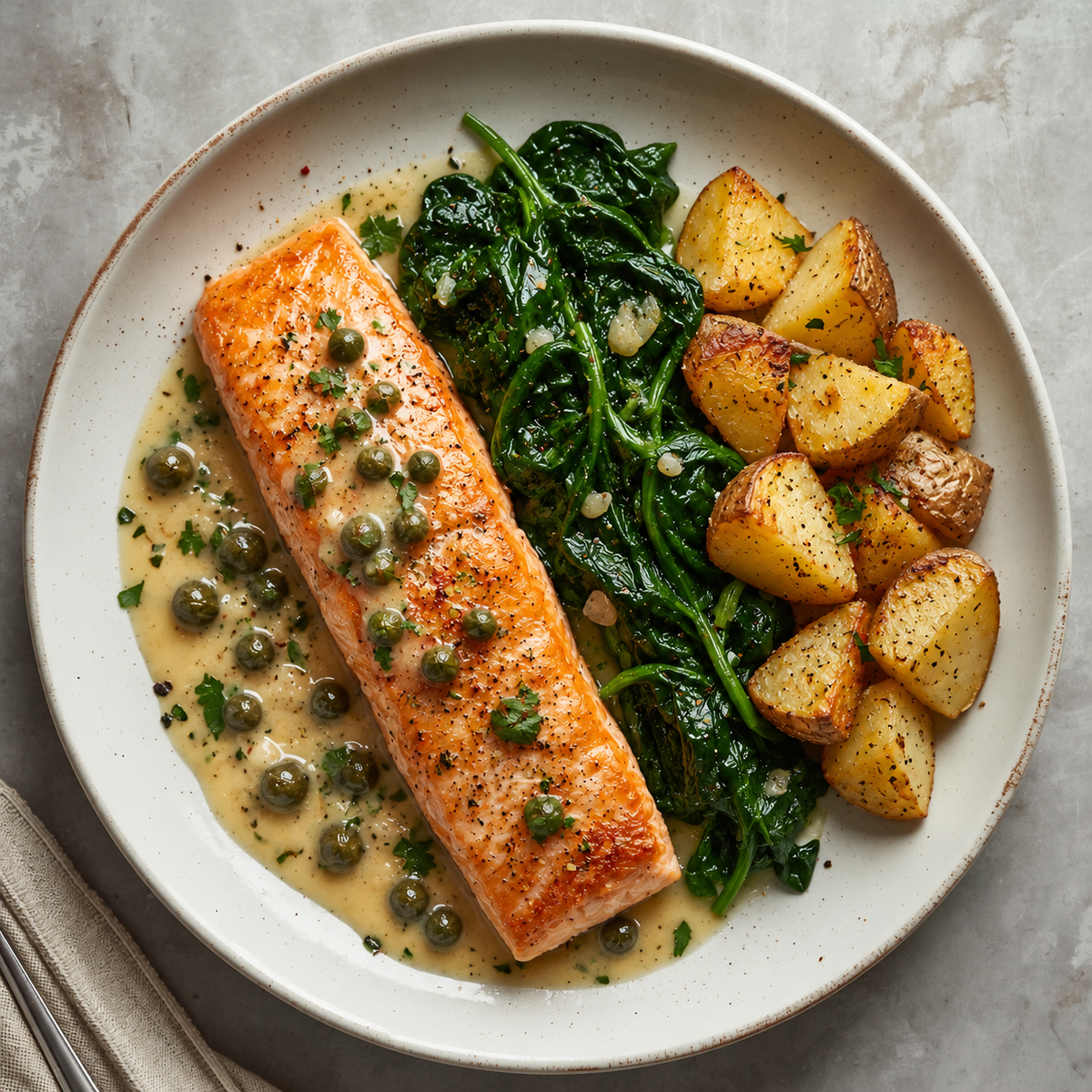 Salmón con salsa de alcaparras, espinacas salteadas y patatas al horno